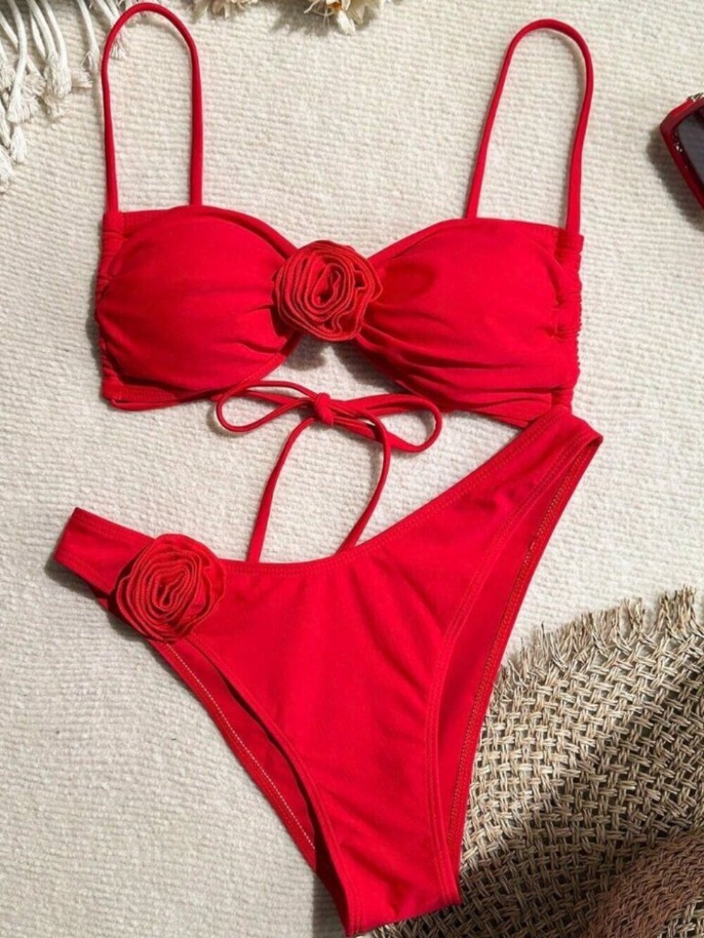 Red Sexy Women's Floral Decor Bikini Set